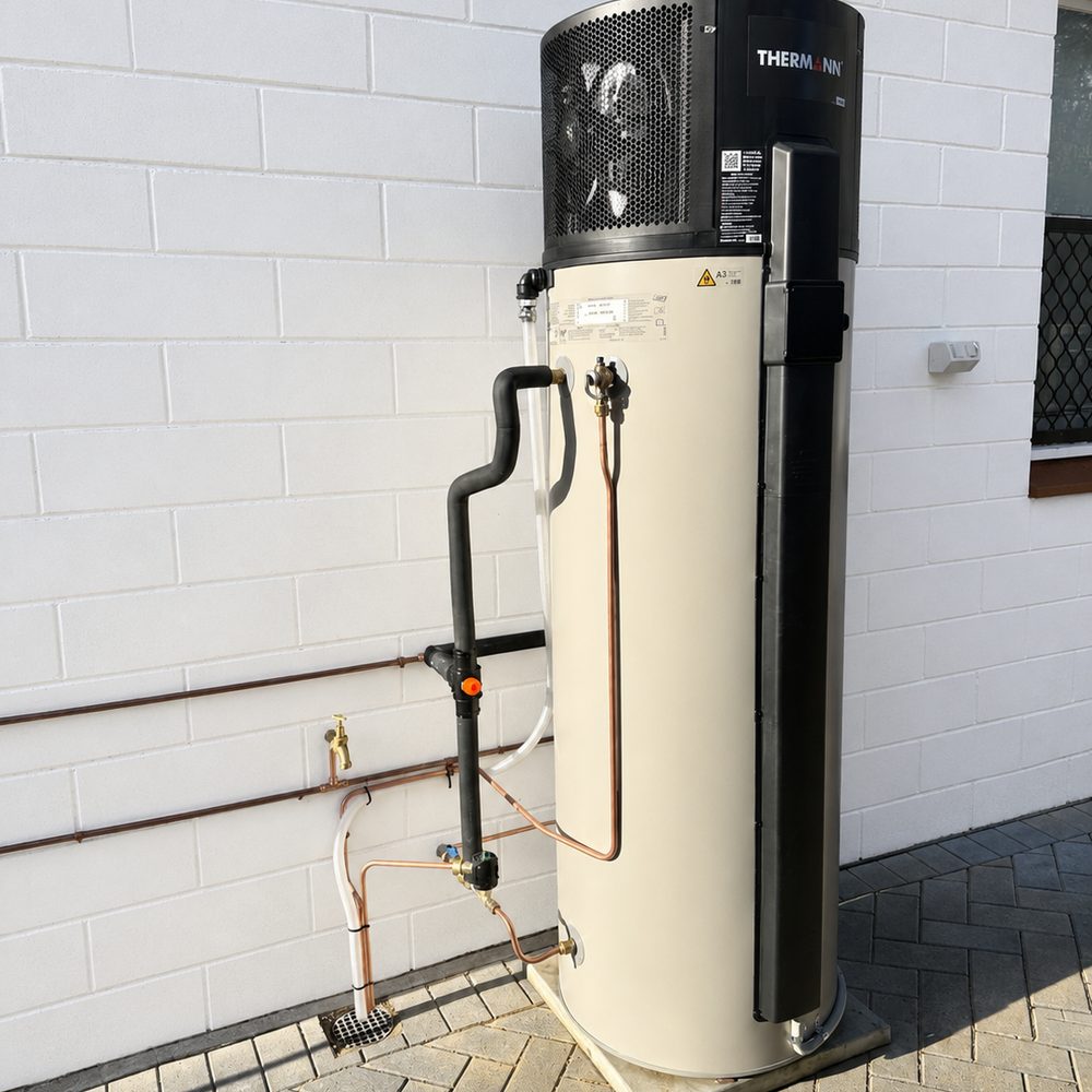 A heat pump hot-water system installed outside against a white brick wall, with insulated pipework and copper connections