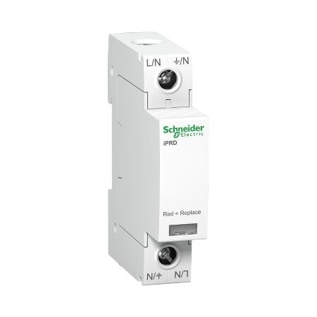 A single-pole surge protective device that clips onto a switchboard rail, with a red indicator window showing when it needs replacing